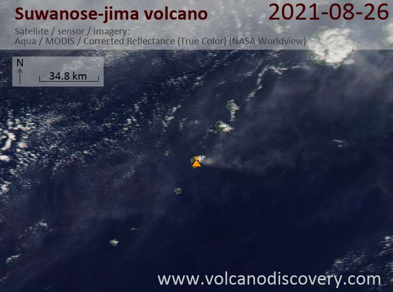 Satellitenbild des Suwanose-jima Vulkans am 26 Aug 2021