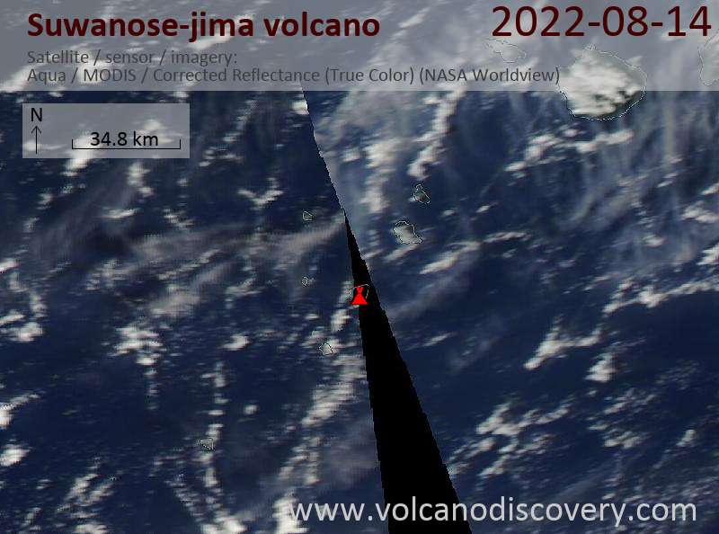Satellitenbild des Suwanose-jima Vulkans am 15 Aug 2022