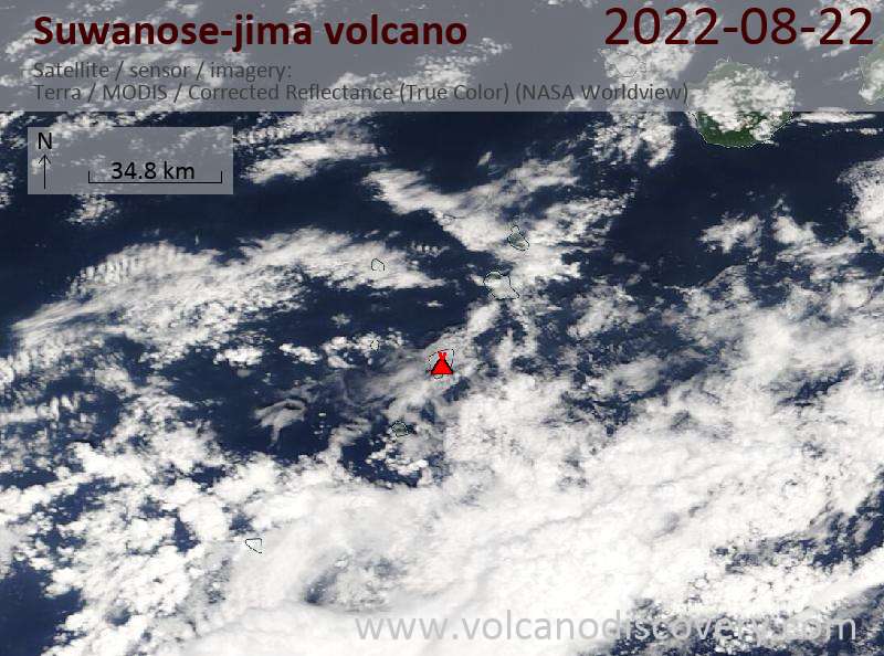 Imagen satelital del volcán Suwanose-jima el 22 de agosto de 2022