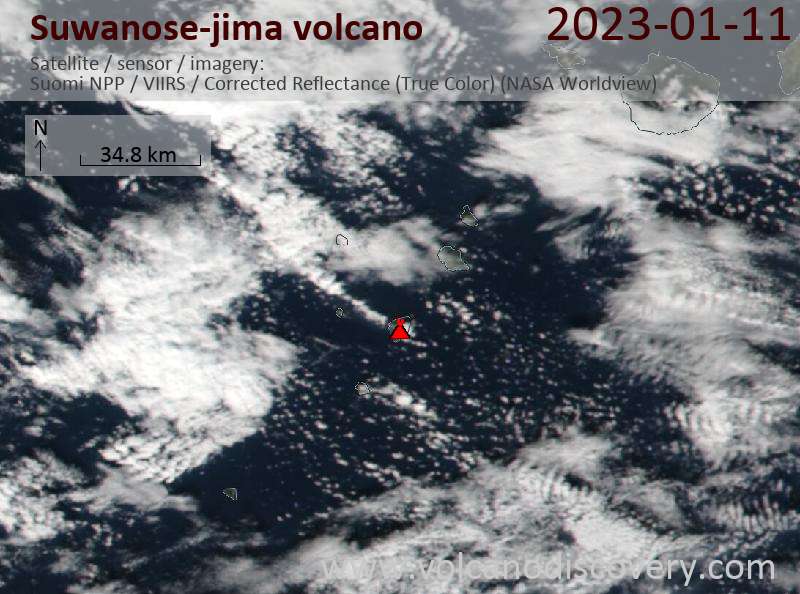 Satellite image of Suwanose-jima volcano on 12 Jan 2023