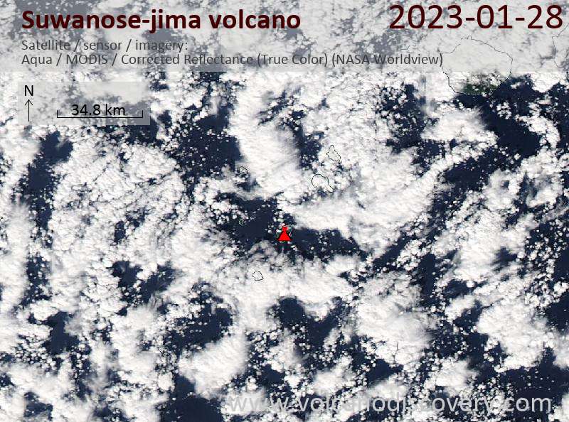 Satellitenbild des Suwanose-jima Vulkans am 28 Jan 2023
