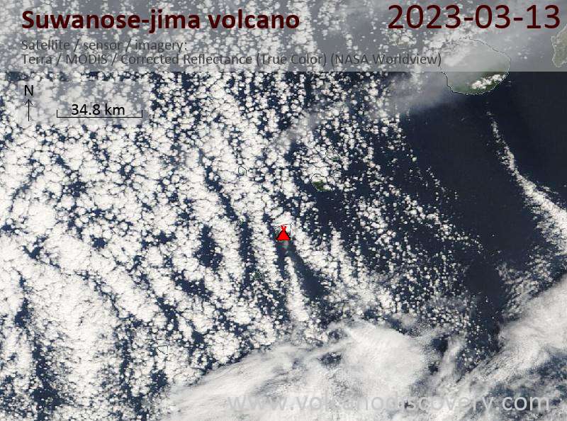 Satellite image of Suwanose-jima volcano on 13 Mar 2023