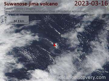 Satellite image of Suwanose-jima volcano on 16 Mar 2023