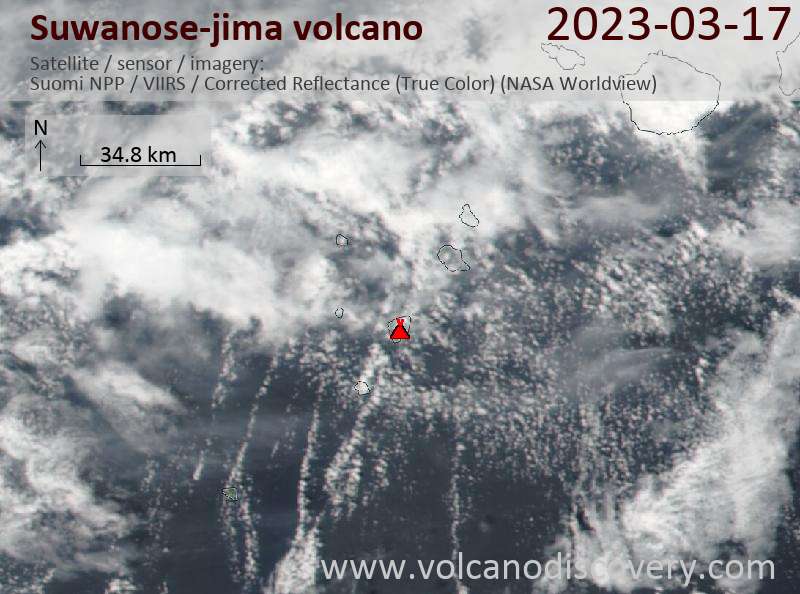 Satellitenbild des Suwanose-jima Vulkans am 18 Mar 2023