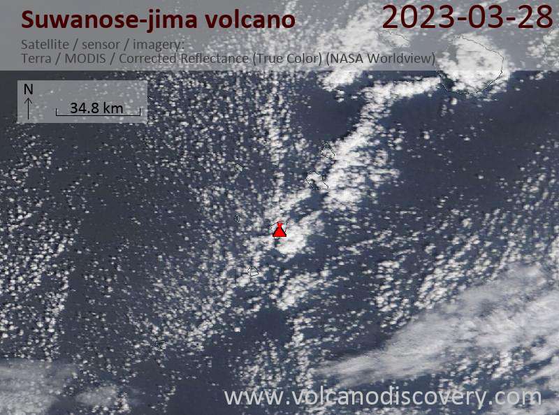 Satellite image of Suwanose-jima volcano on 28 Mar 2023