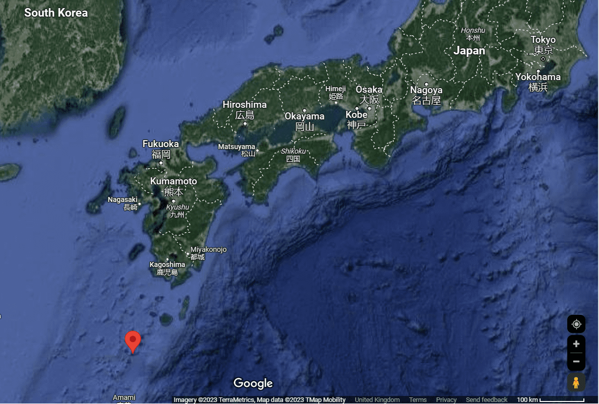 Location of Suwanose-Jima Volcano, red signpost. <i> Source: Google Maps </i>
