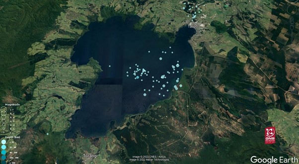 Distribution of the earthquake swarm beneath the Taupo lake since 28 April (image: GeoNet)