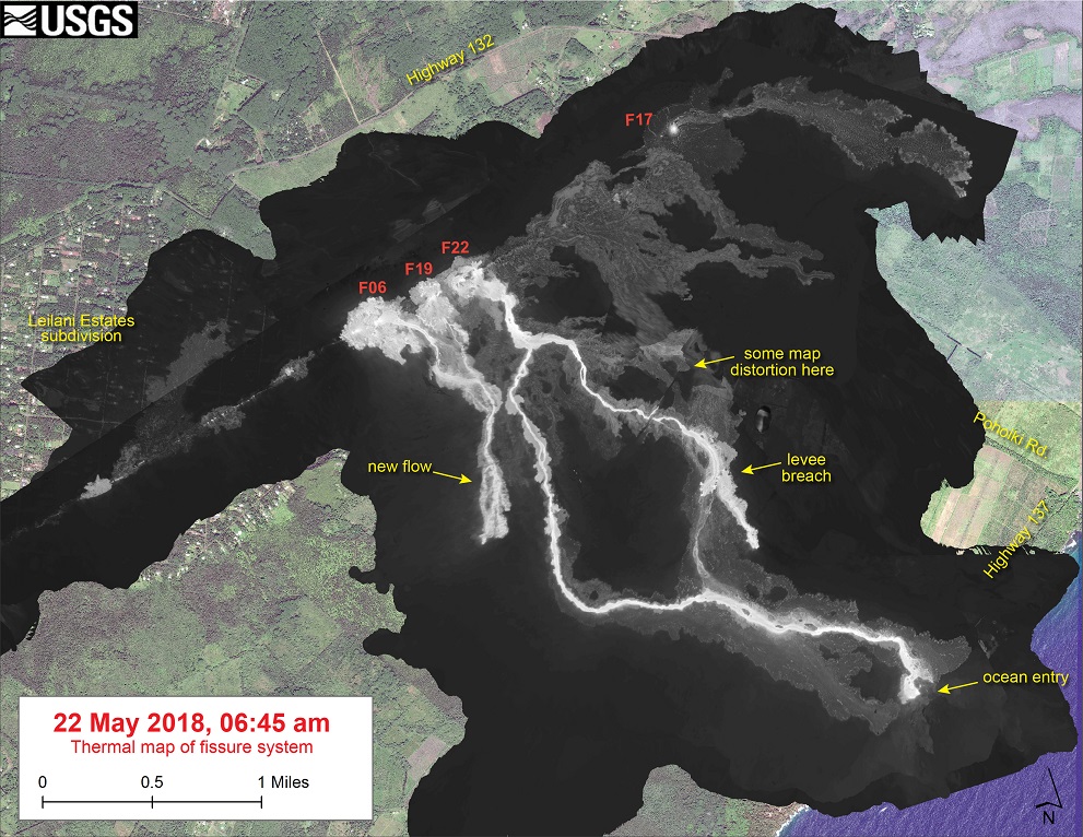 This thermal map shows the fissure system and lava flows as of 06:45 am on Tuesday, May 22. The primary lava flow originates from Fissure 22, but a new flow has been active over the past day from the Fissure 6 area. The black and white area is the extent of the thermal map. Temperature in the thermal image is displayed as gray-scale values, with the brightest pixels indicating the hottest areas. The thermal map was constructed by stitching many overlapping oblique thermal images collected by a handheld thermal camera during a helicopter overflight of the flow field. (HVO/USGS)