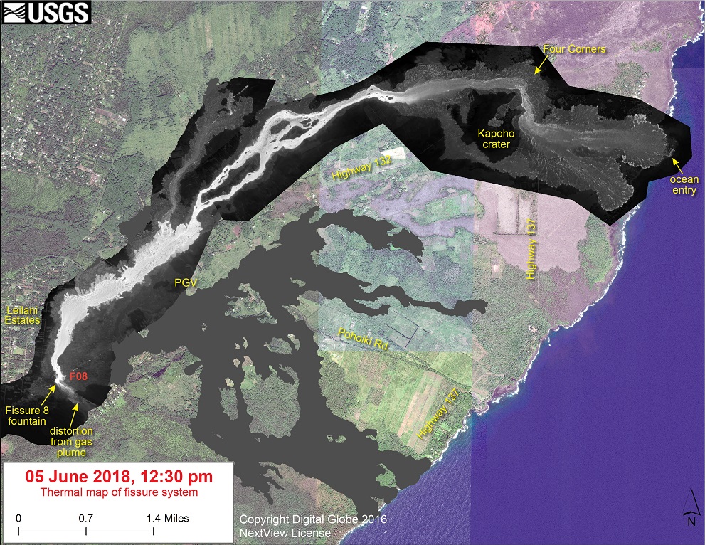 This thermal map shows the active fissure system and lava flows as of 12:30 pm on Tuesday, June 5. The flow from Fissure 8 remains highly active, with the flow front entering the ocean at Kapoho Bay area. The black and white area is the extent of the thermal map. Temperature in the thermal image is displayed as gray-scale values, with the brightest pixels indicating the hottest areas. (HVO/USGS)