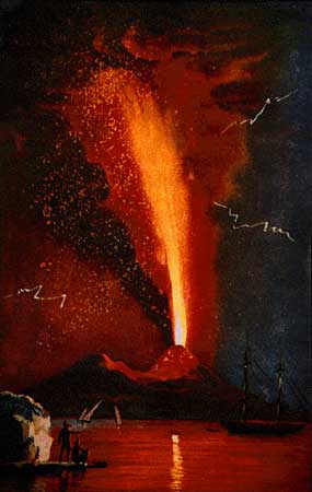 Vesuvius in eruption, August 1779. This eruption was produced a spectacular lava fountains rising several km above the summit, and devastating tephra falls northeast of the volcano. Note the large glowing bombs in the fallout! (Image from Alfano and Friedlaender, 1928, La storia del Vesuvio. Napoli: K Holm, 71p.)