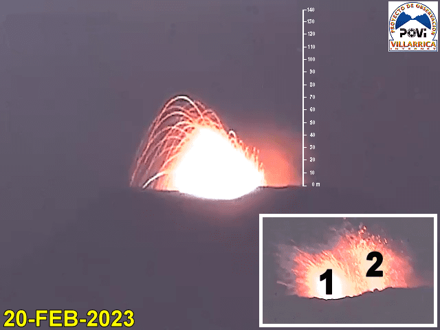 Lava fountaining observed from two crater orifices. The new source (1) and the original source (2). Image source POVI.