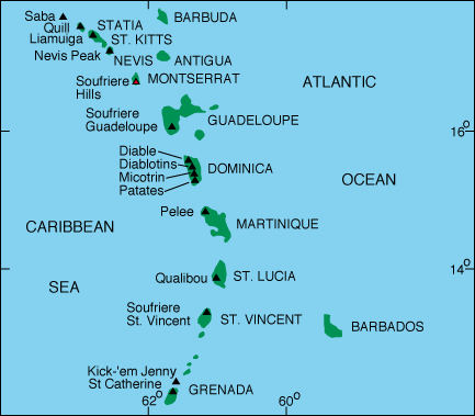 Major islands and volcanoes of the Lesser Antilles and West Indies