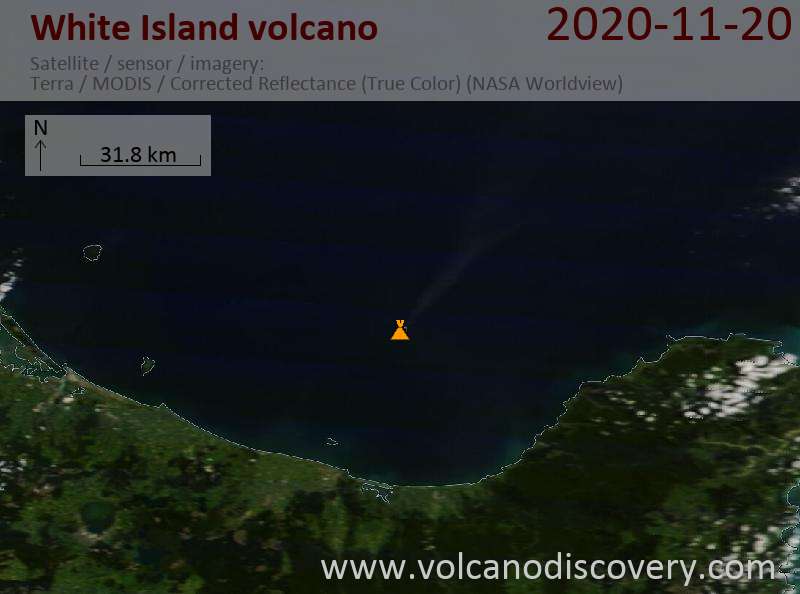 Satellite image of White Island volcano on 20 Nov 2020