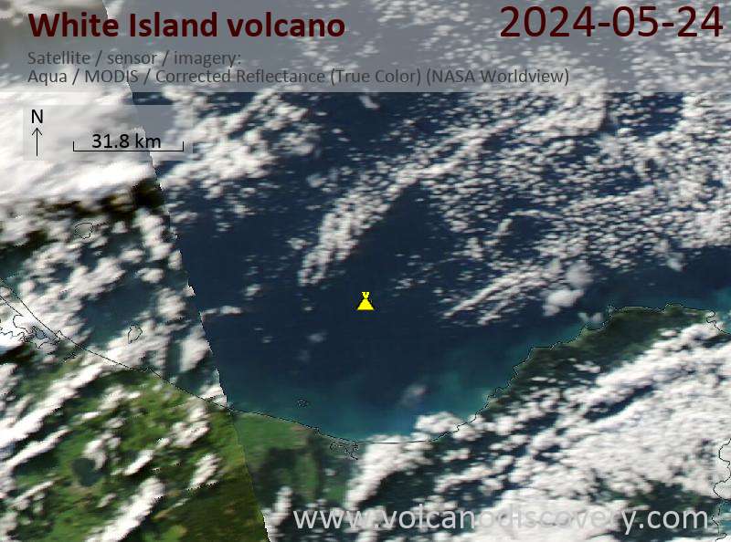 Satellite image of White Island volcano on 24 May 2024