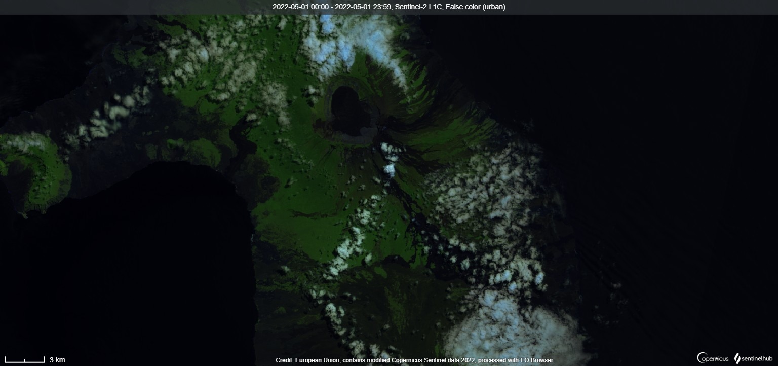 Cooling phase of the lava flow as seen from space on 1 May (image: Sentinel 2)