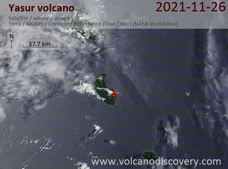 Satellitenbild des Yasur Vulkans am 27 Nov 2021