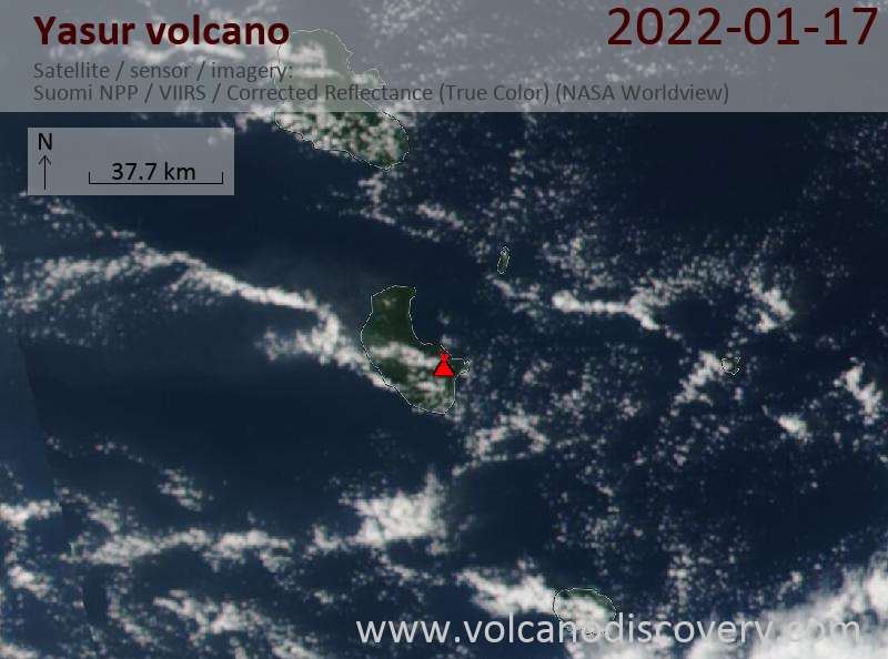 Satellitenbild des Yasur Vulkans am 18 Jan 2022