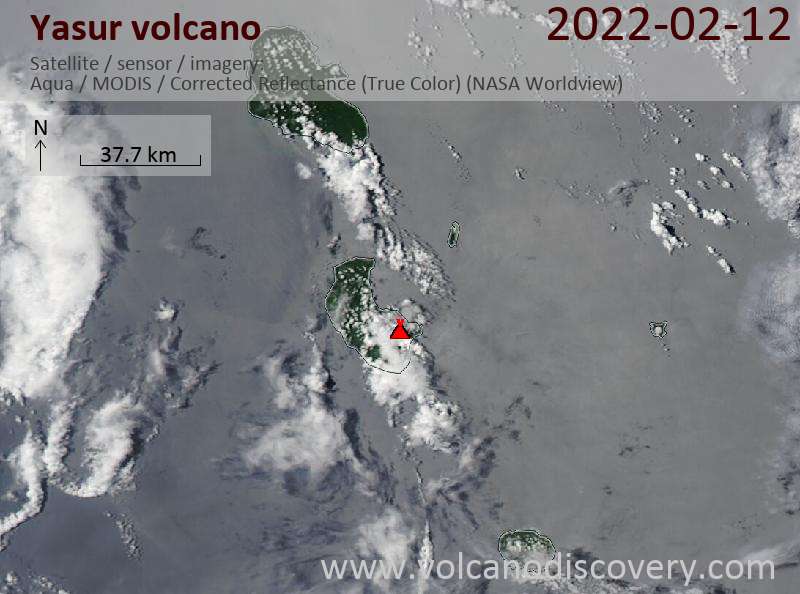 Satellitenbild des Yasur Vulkans am 13 Feb 2022