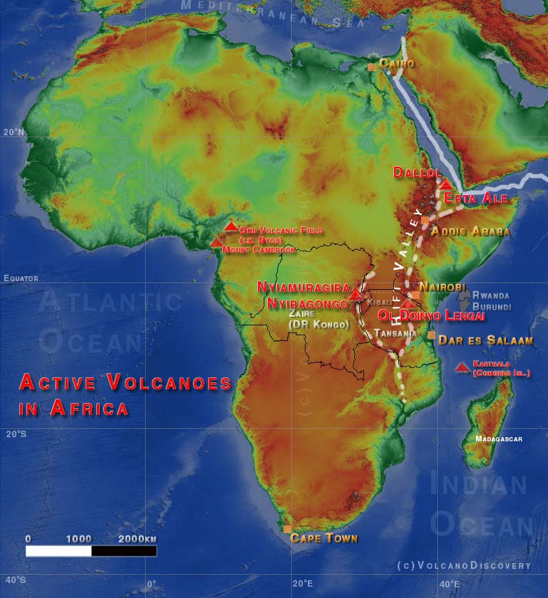 Schematic map of Africa's most active volcanoes