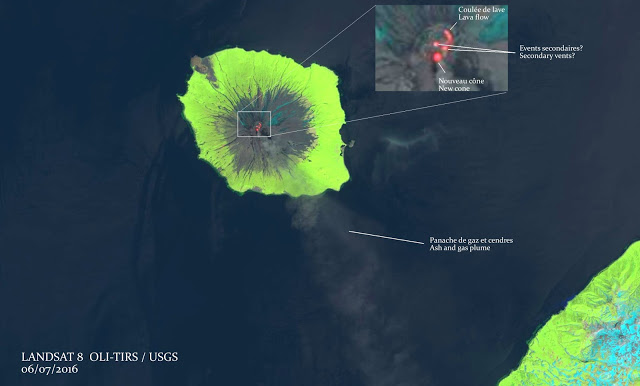 Landsat-8 image of Alaid volcano on 8 July 2016 (annotated by Culture Volcan)