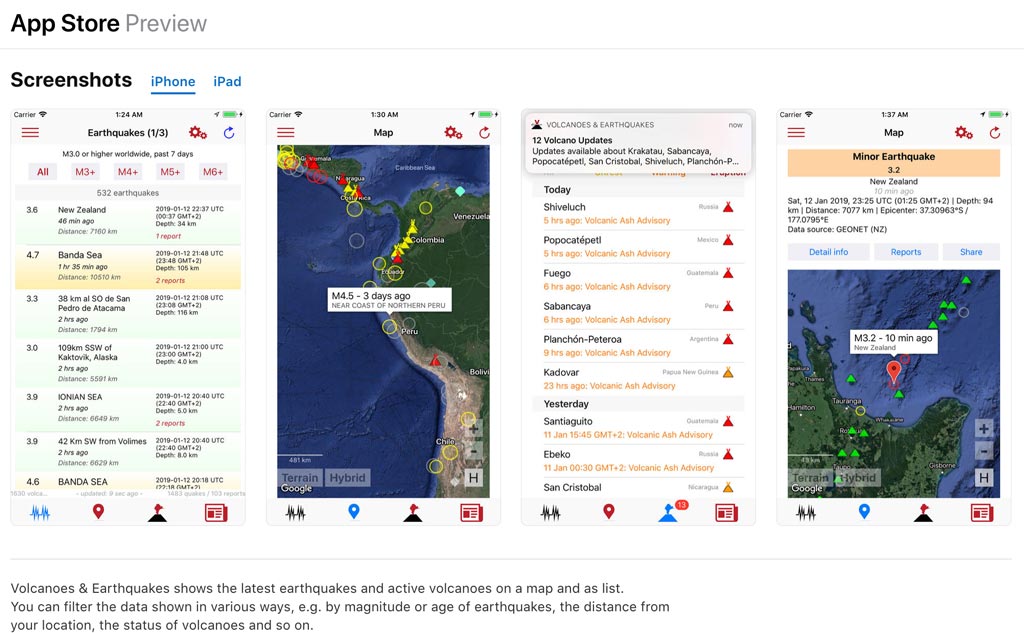 Screenshots of the IOS app Volcanoes & Earthquakes