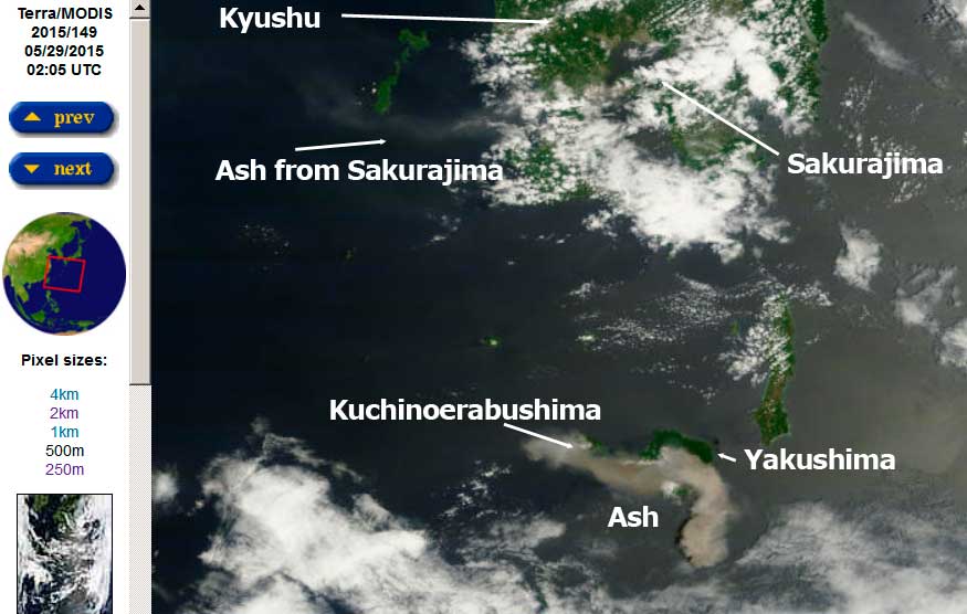 Ash plumes from Kuchinoerabu-jima and Sakura-jima volcanoes today (MODIS Terra / NASA)