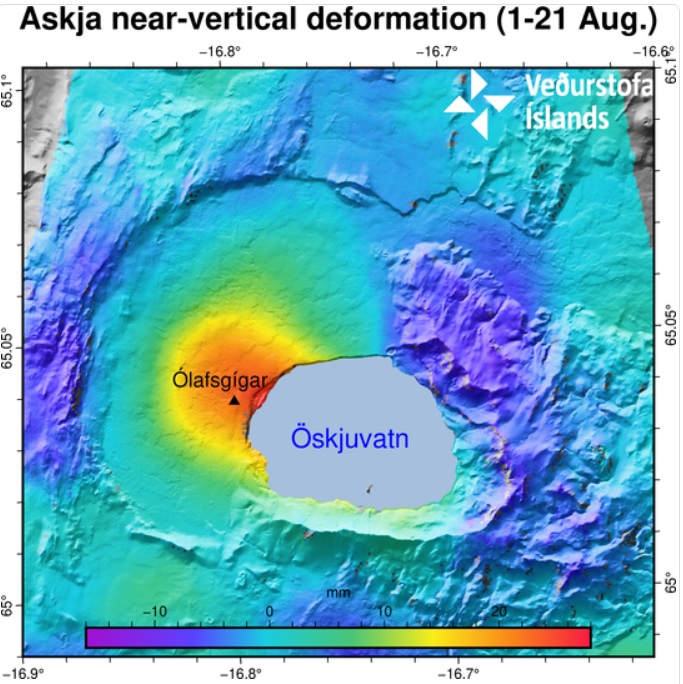 The image depicts the near-vertical deformation in mm for the period 1-21 August. The InSAR image is obtained from two passages of Sentinel-1 satellite. The red color indicates uplift and the blue corresponds to subsidence (see the scale). The area experiencing the highest inflation is north-west Öskjuvatn. The black triangle indicates the location of the closest GPS station Ólafsgíga (OLAC) (image: IMO)
