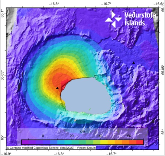 The uplift at Askja volcano continues. yellow-to-orange and red areas represent the most inflated area (image: IMO)