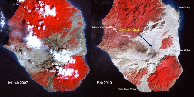 Satellite images showing actual changes in deposited material, marked by grey areas (Graphic: MVO, images courtesy of NASA)