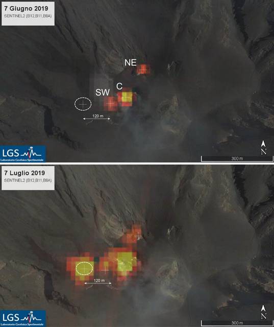 Comparison of the crater area before and after the paroxysm, showing the location of the new vent in the SW corner (images: Sentinel / LGS)