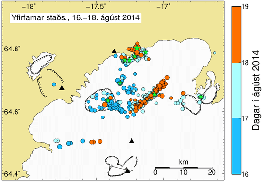 Bárðarbunga 16-18 August 2014: All manually checked earthquakes since the beginning of the sequence. Event times are colourcoded, events larger than magnitude 3 are given as green stars. The migration of the activity from the caldera of Bárðarbunga (dark blue, Saturday) to the northern and eastern clusters (light blue, Sunday; orange Monday) can be seen. (Source: IMO)