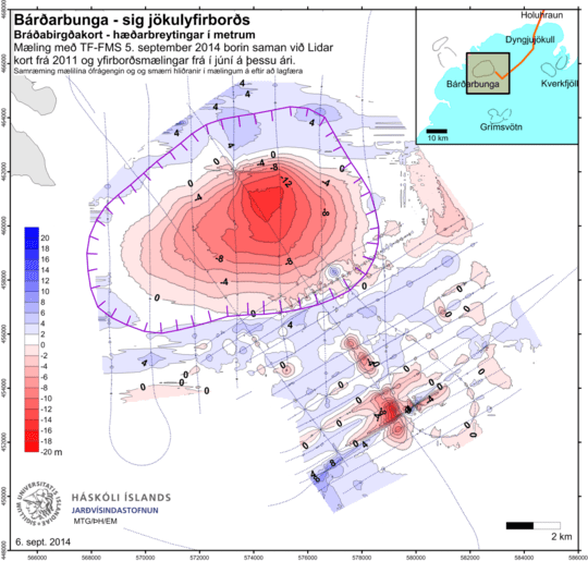 Map showing the subsidence measured at the Bárdarbunga caldera (IMO)