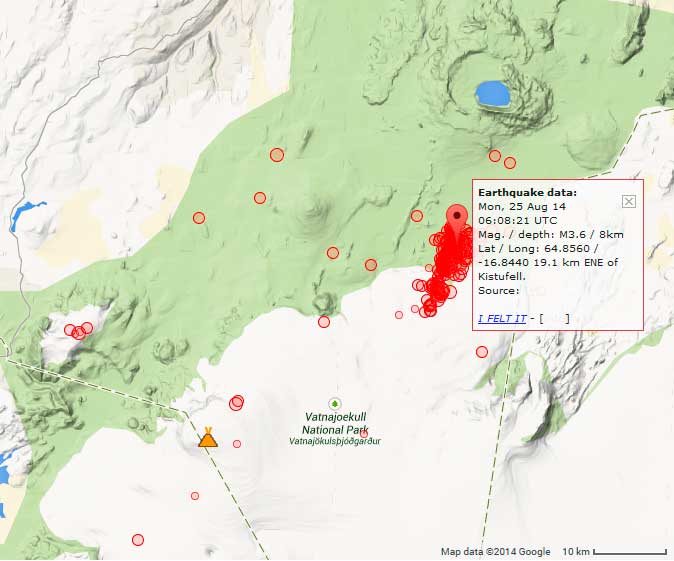 Location of today's earthquakes near Bardarbunga volcano