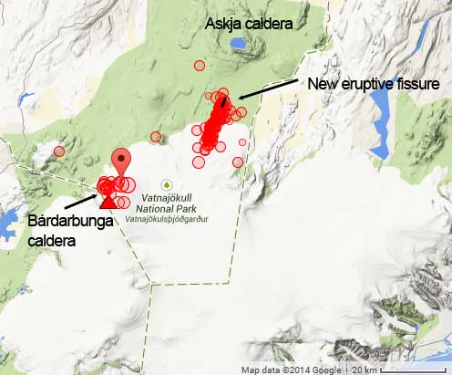 Location of earthquakes so far today and the new eruptive fissure in the Holorhaun plain