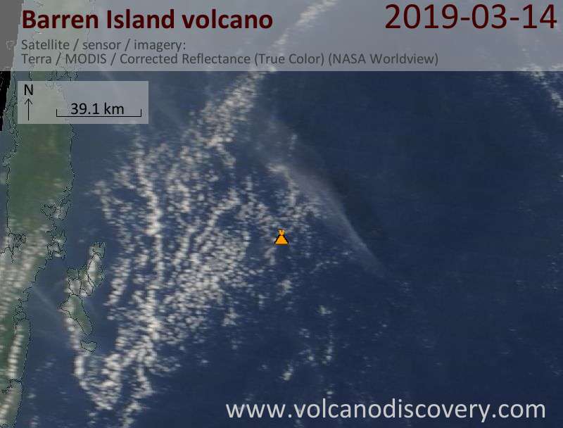 Satellite image of Barren Island volcano on 14 Mar 2019