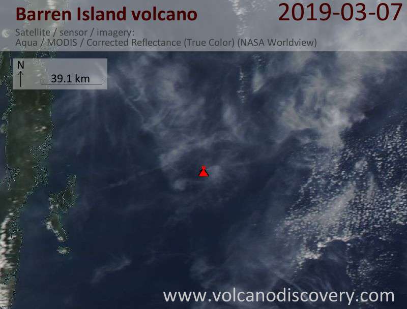 Satellite image of Barren Island volcano on  7 Mar 2019
