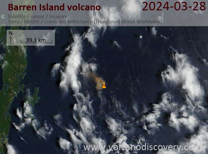 Satellite image of Barren Island volcano on 28 Mar 2024