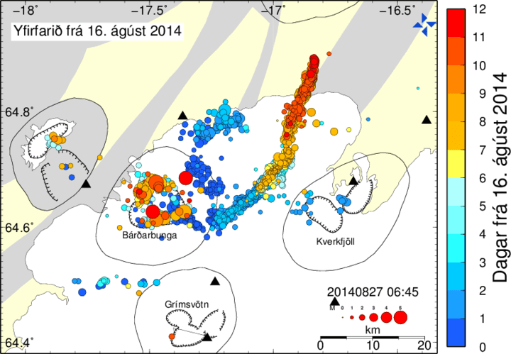 Location of earthquakes since the start of the crisis. The current position of the magma intrusion front is marked by the youngest quakes (red) (IMO)