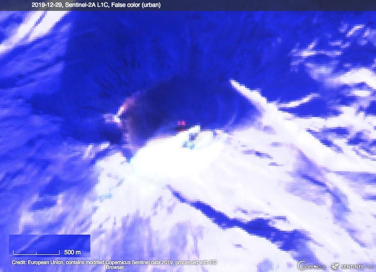 False-color satellite image of Bezymianny volcano 29 Dec 2019 (image: Sentinel 2 / Sentinel Hub)