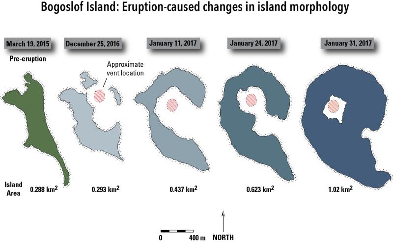 Changes of Bogoslof Island during the recent series of explosions; The January 30-31, 2017 eruptive activity generated roughly 0.4 square kilometers of new land and as of January 31, 2017, the island area was 1.02 square kilometers, roughly three times the size of the pre-eruption island. Nearly all of this new material consists of unconsolidated pyroclastic fall and flow (surge) deposits that are highly susceptible to wave erosion and thus additional changes in the configuration of the island are likely. (image: Chris Waythomas / AVO)