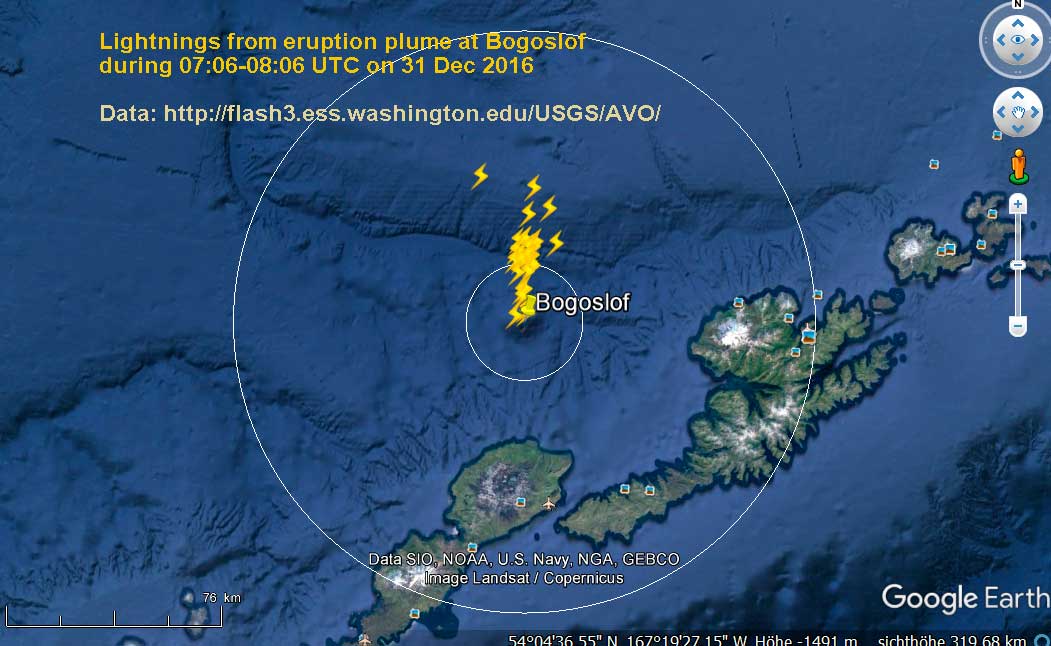 Lightnings detected near Bogoslof volcano during one hour 7-8 am UTC this morning