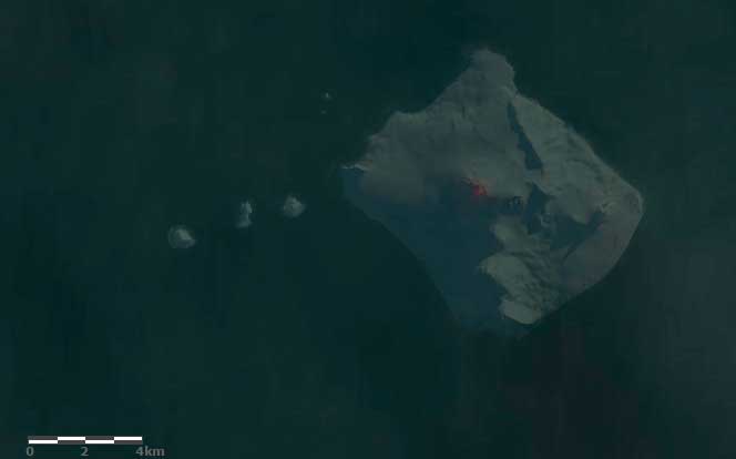 Heat signal at Bristol island viewed on 17 May (Landsat 8 image with clear-weather overlay image as background)