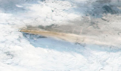 Ash plume from Bristol volcano on Saturday 4 June (image: NASA via South Sandwich Islands Volcano Monitoring Blog)