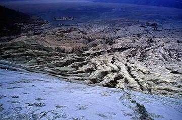 View of the ash-covered erosion-cut flanks of Bromo