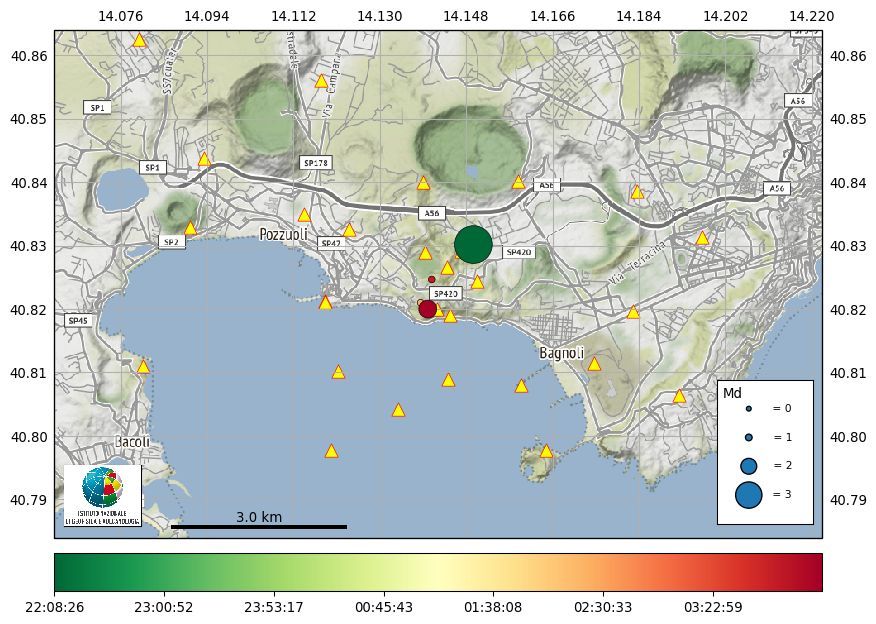 The map depicts a distribution of current seismic events (image: INGV)