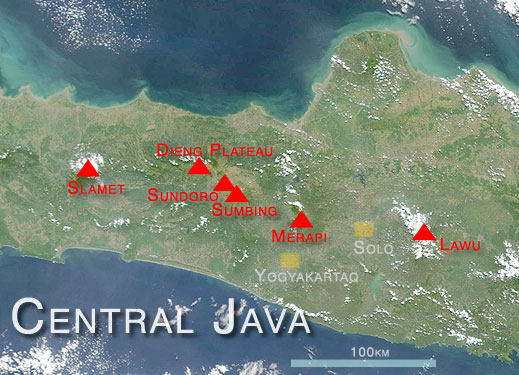 Les principaux volcans de Java central (image satellite: NASA)