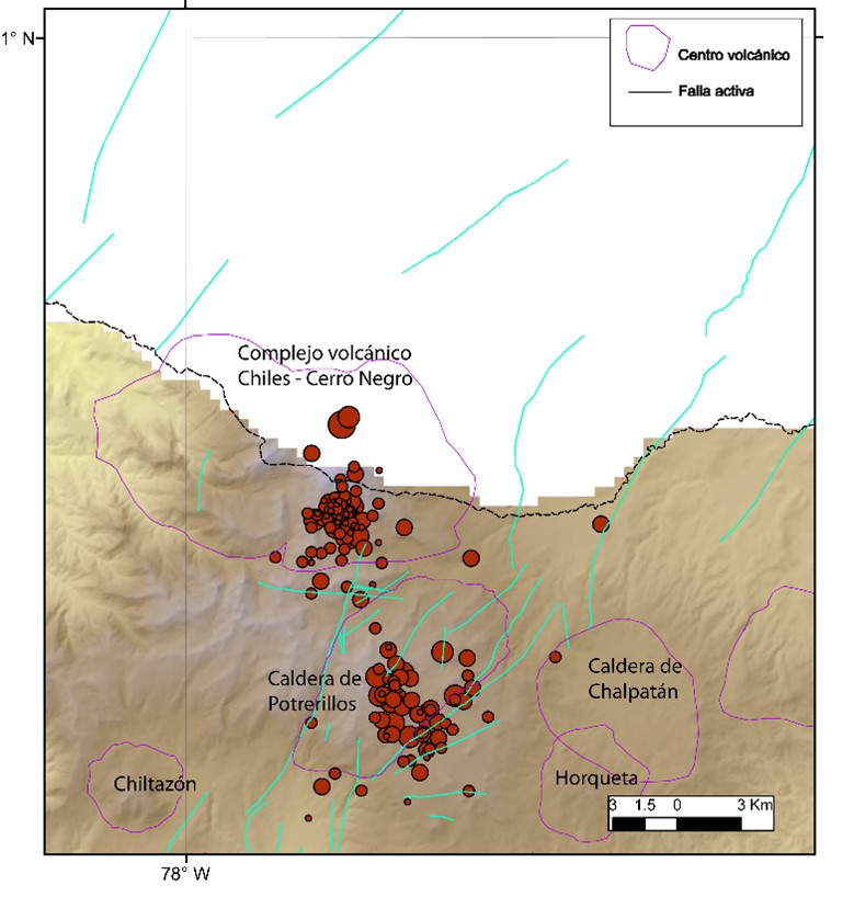 Distribution of quakes in the Cerro Negro de Mayasquer volcano and Potrerillos area during 12-14 June (image: IGEPN)
