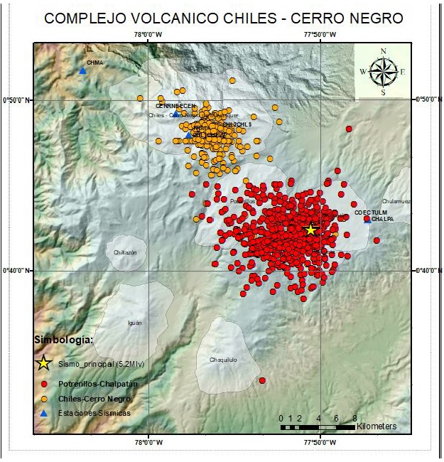 Distribution of earthquakes in the Chiles-Cerro Negro (orange dots) and the Potrerillos-Chalpatán (red dots), including M 5.2 quake (yellow star) (image: IGEPN)