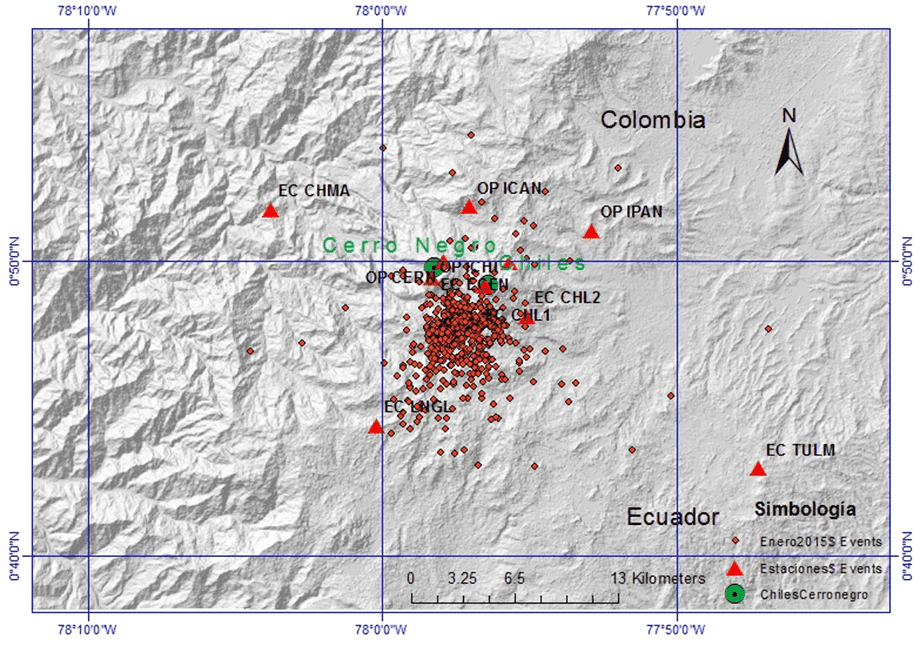 Earthquake locations at Chiles volcano during 1-8 Jan 2015 (IGEPN)