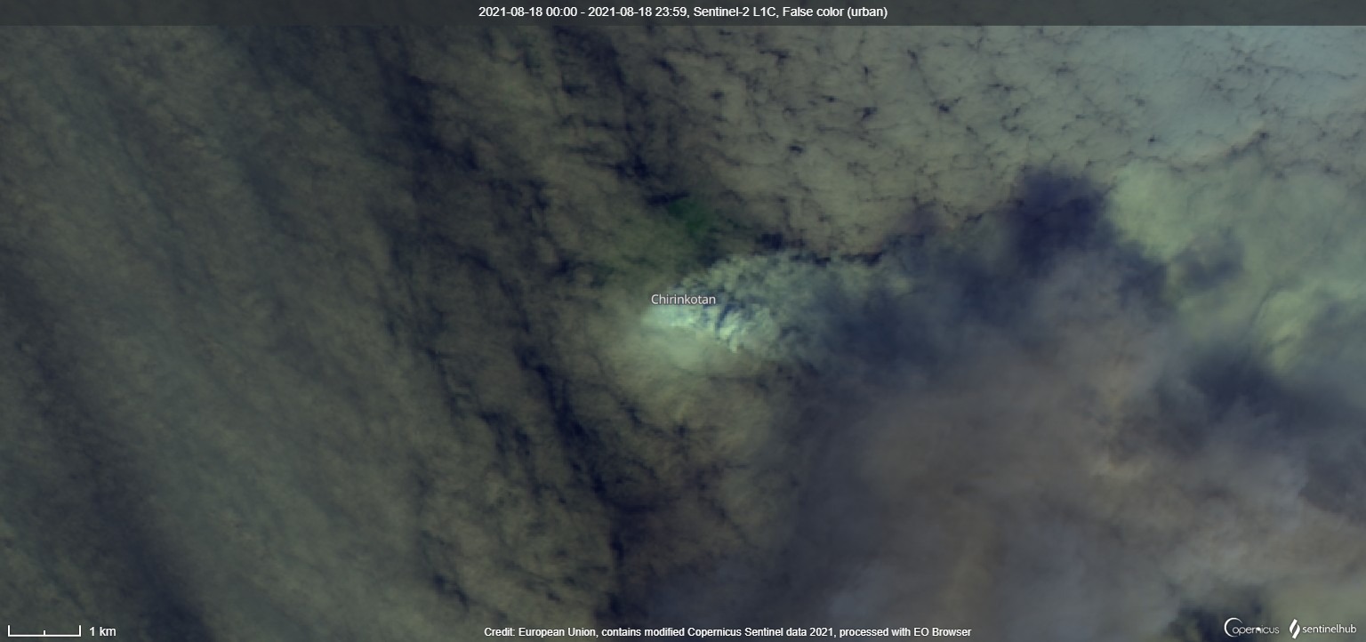 Visibility of the eruption was very limited due to dense clouds today (image: Sentinel 2)